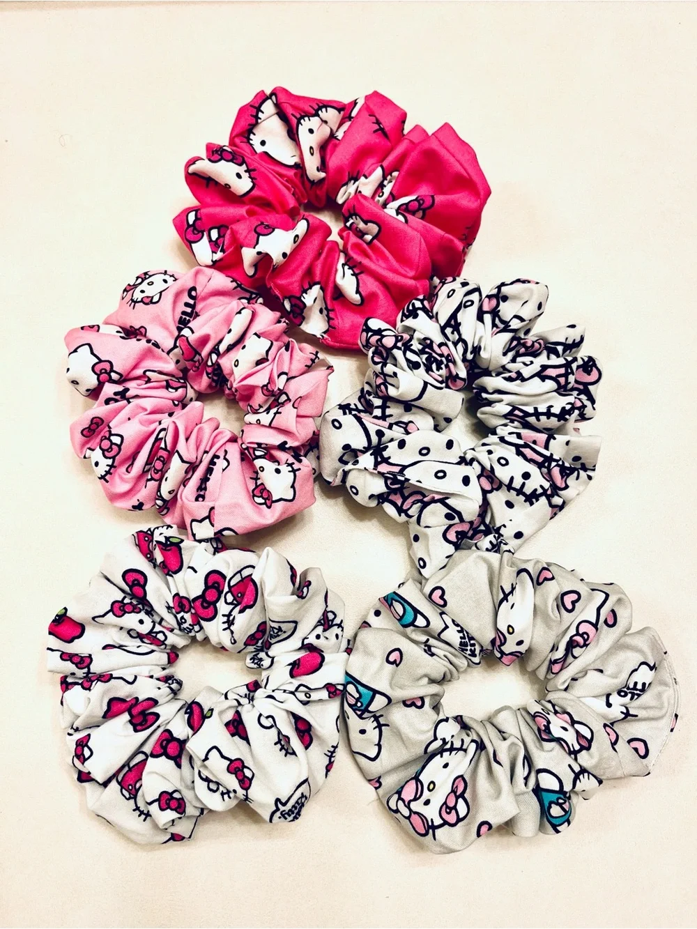 Handmade Hello Kitty Pink, Hot Pink & Gray Scrunchie Set